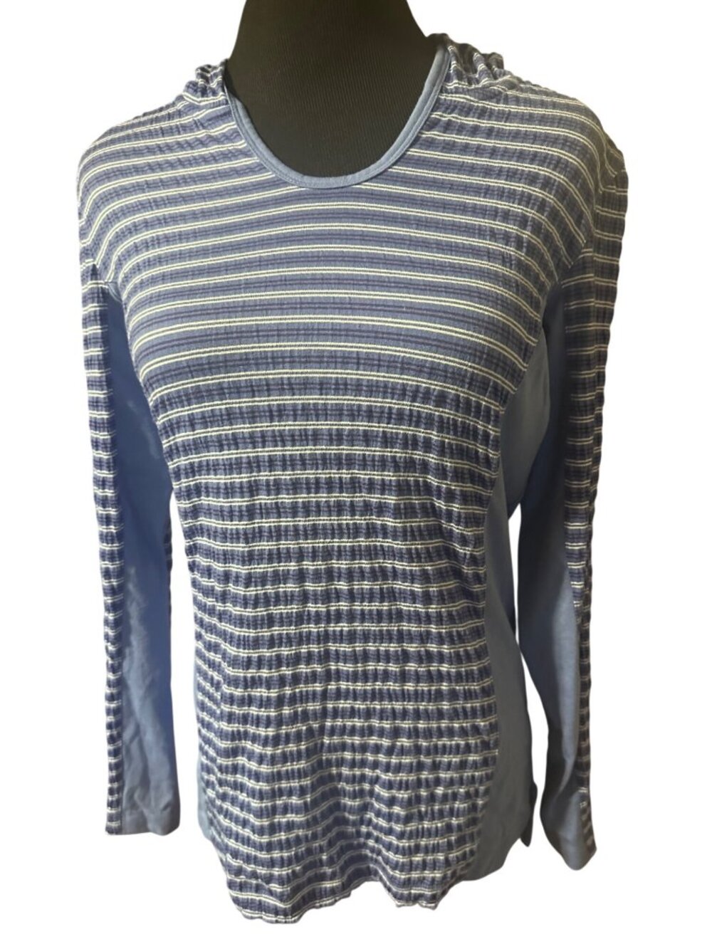 Eddie Bauer blue and white striped pullover top with hood size S